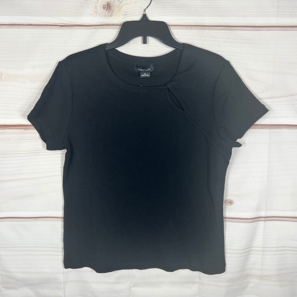Sanctuary Top Womens XXL Black Solid Ribbed Cutout Short Sleeveโ Crop T-Shirt